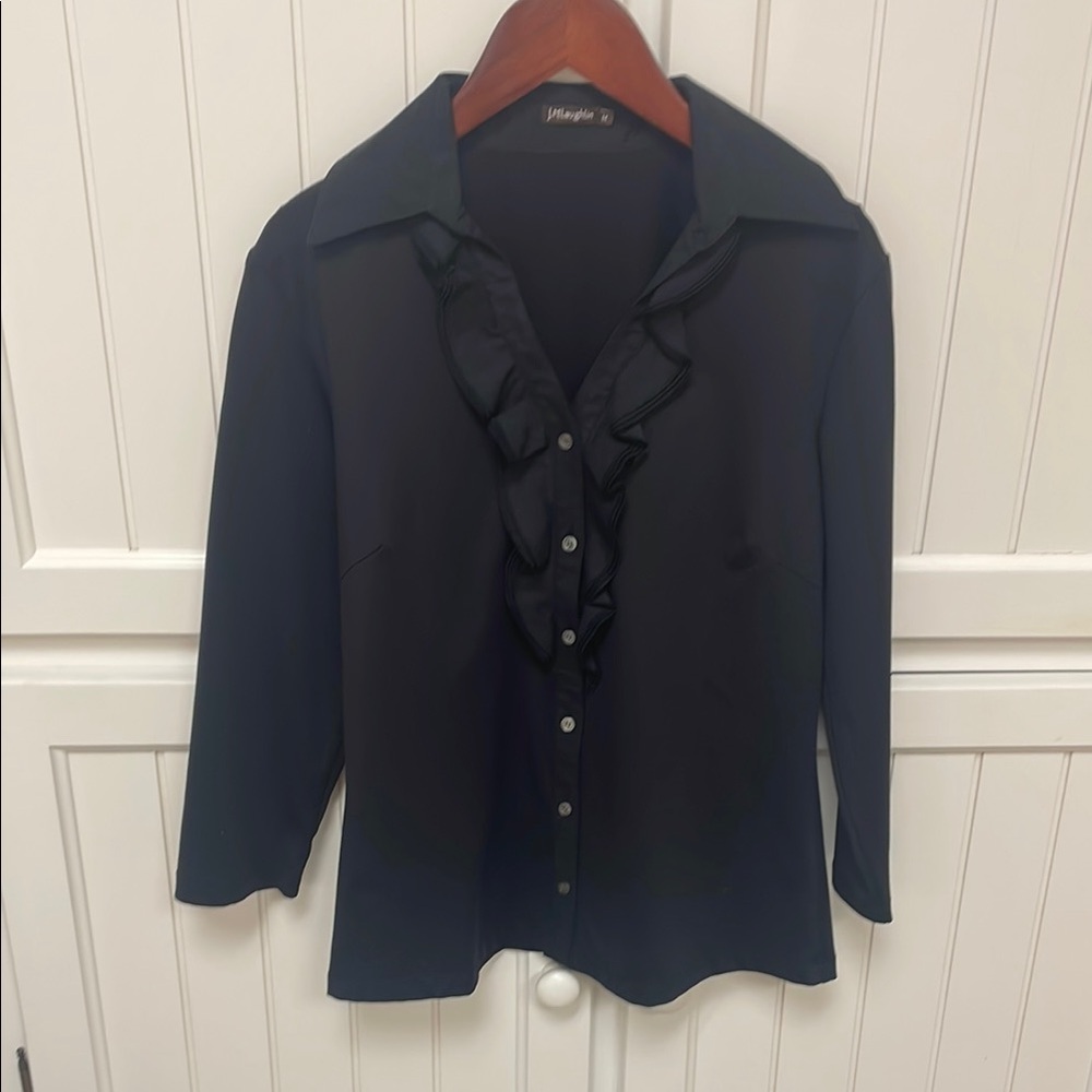 J. McLaughlin Elegant Black button down shirt with ruffle 3/4 sleeves, medium